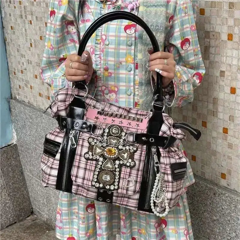 Bolso de hombro rosa a cuadros estilo Y2K; bolso de mano de gran capacidad estilo Harajuku; maletín de lona moderno y original tipo tote punk.