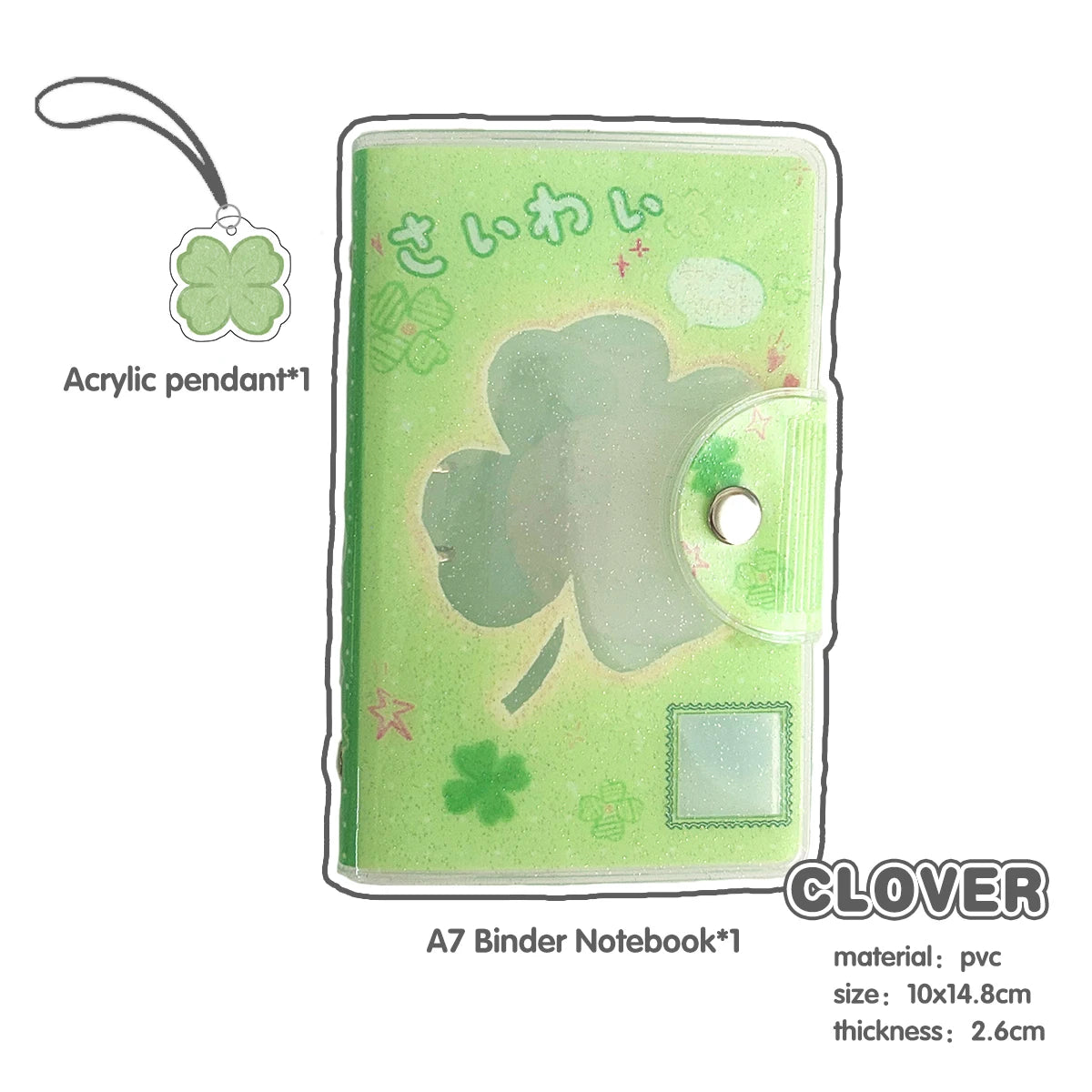 Carpeta WAKAWAKA tamaño A7 con diseño de trébol de cuatro hojas y chica; cuaderno de hojas intercambiables con cubierta de PVC brillante, incluye bolsillo para almacenamiento de pegatinas; portátil.