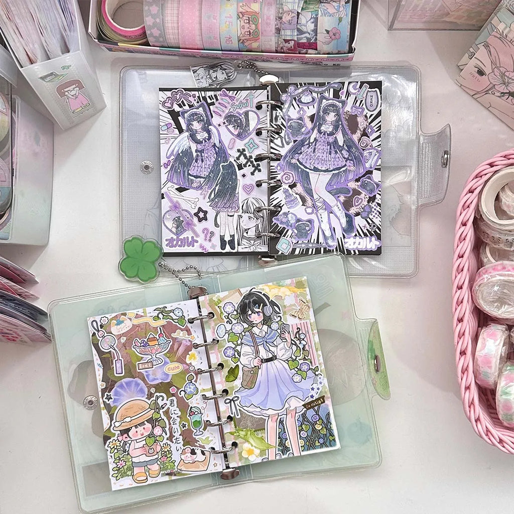 Carpeta WAKAWAKA tamaño A7 con diseño de trébol de cuatro hojas y chica; cuaderno de hojas intercambiables con cubierta de PVC brillante, incluye bolsillo para almacenamiento de pegatinas; portátil.