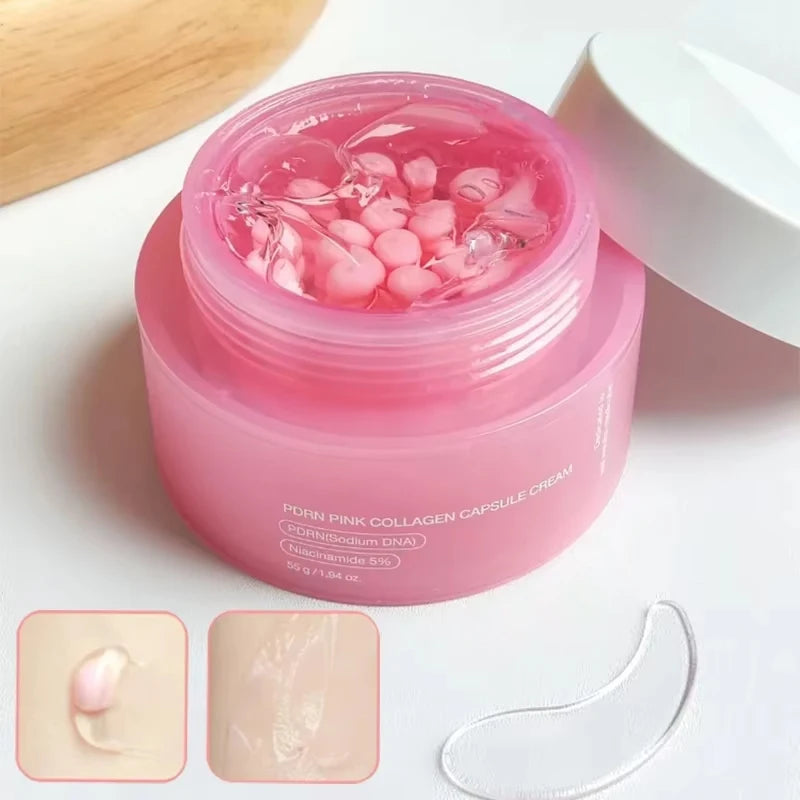 Crema coreana en cápsulas de colágeno rosa y PDRN con niacinamida para tono de piel desigual; hidratante facial ligero y no graso.