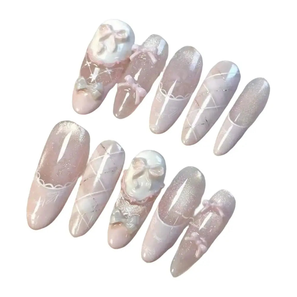 Uñas postizas reutilizables hechas a mano con diseño de mariposa y efecto «ojo de gato» rosa (estilo francés); uñas a presión listas para usar.