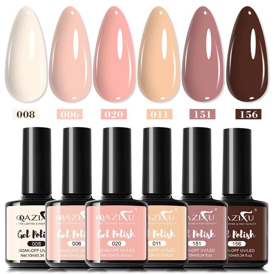 Set de 6 esmaltes de uñas en gel (tonos populares tipo "té con leche"), compatibles con lámpara UV/LED; ideales para nail art, fáciles de aplicar y de retirar (soak-off), aptos para manicura casera o uso en salón.