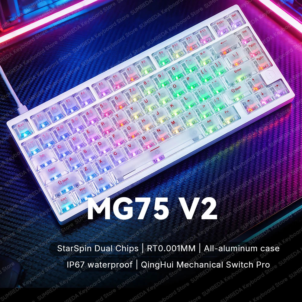 Teclado mecánico para juegos IROK MG75 PRO / MG75 Max con interruptores magnéticos, tiempo de respuesta de 0,125 ms, tasa de sondeo de 8K, precisión de 0,001 mm (RT), estructura de aluminio, iluminación RGB, función Hot-Swap y conexión por cable.