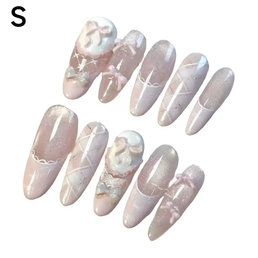 Uñas postizas reutilizables hechas a mano con diseño de mariposa y efecto «ojo de gato» rosa (estilo francés); uñas a presión listas para usar.
