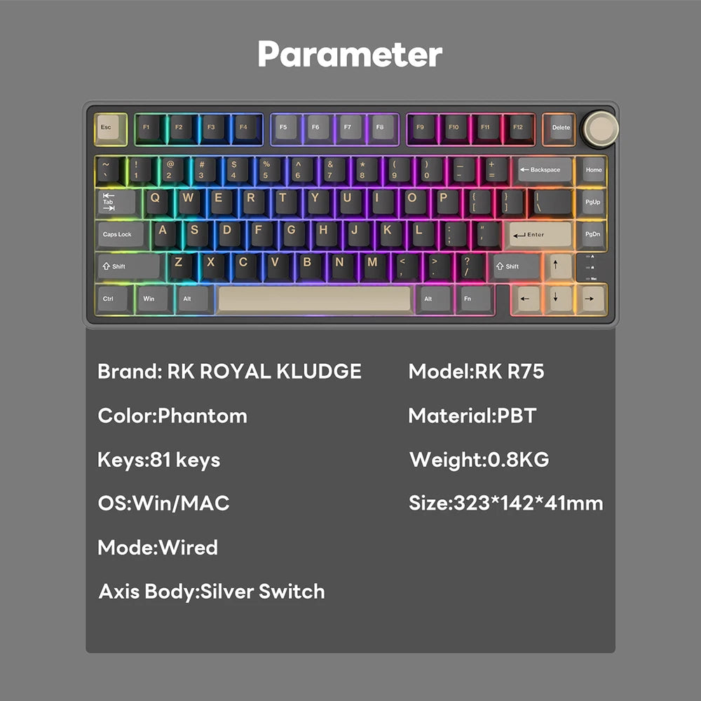 Teclado mecánico RK Royal Kludge R75 (distribución en español) con montaje tipo gasket, formato 80%, retroiluminación RGB, teclas PBT, interruptores intercambiables en caliente (hot-swappable) y rueda de control metálica.