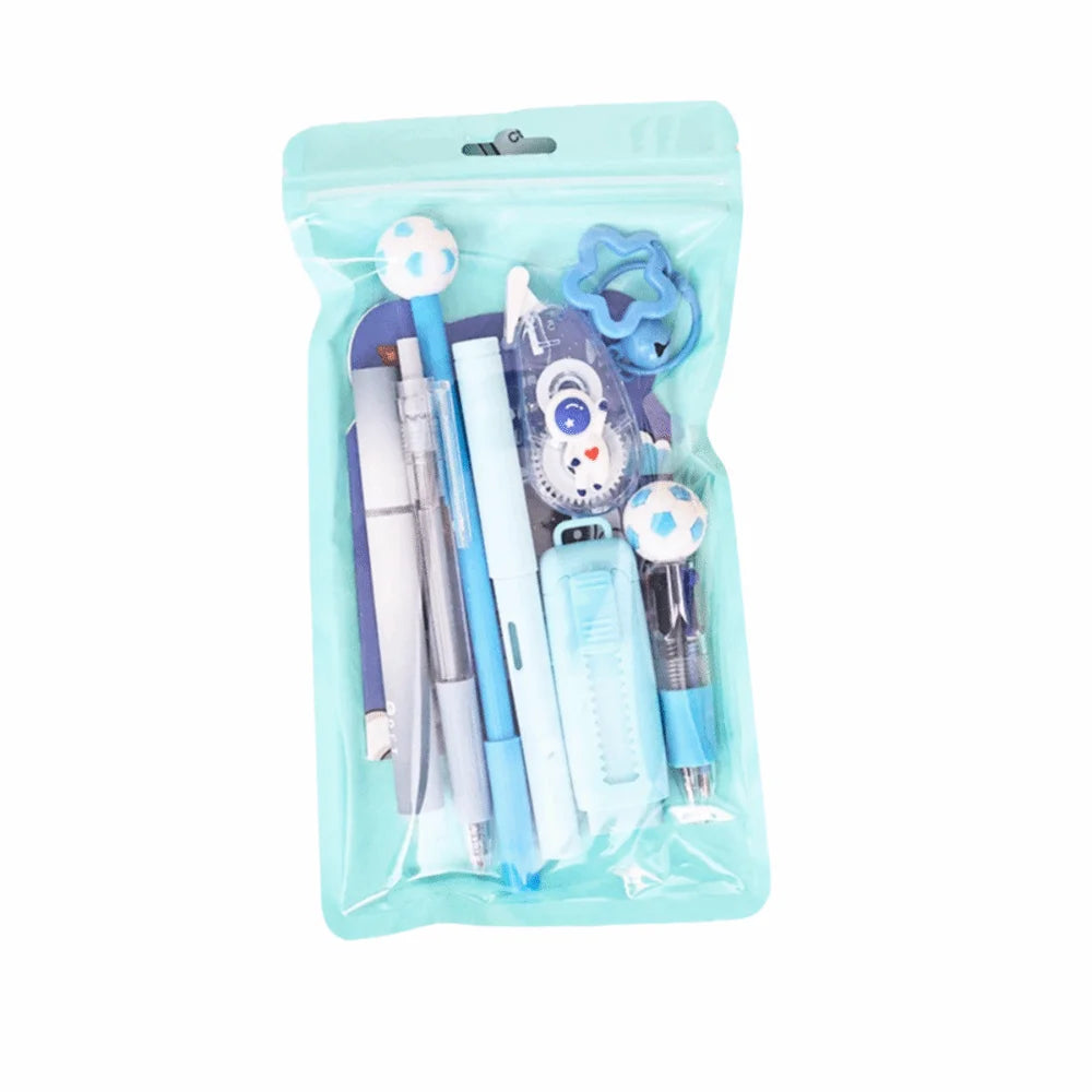 Kit de regalo de papelería escolar con temática de dibujos animados: incluye bolígrafos de 6 colores, notas adhesivas, goma de borrar y estuche de gran capacidad.