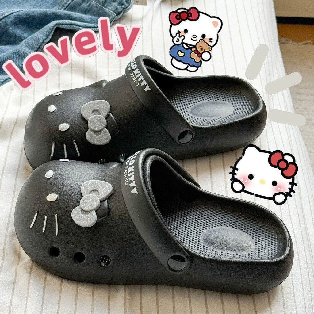 Zapatillas de plataforma antideslizantes y transpirables Hello Kitty para mujer: diseño ligero, cerrado y calado; calzado multifuncional para playa y casa.