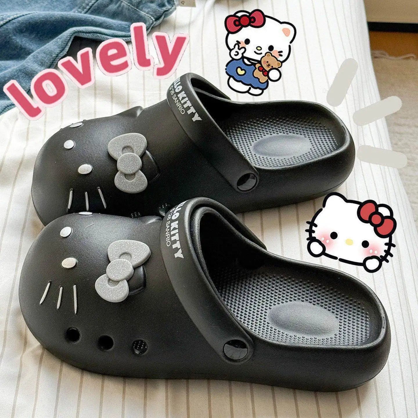 Zapatillas de plataforma antideslizantes y transpirables Hello Kitty para mujer: diseño ligero, cerrado y calado; calzado multifuncional para playa y casa.