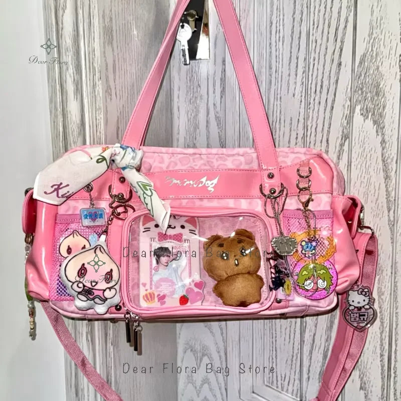 Nuevo bolso de hombro estilo Y2K con estampado de leopardo y panel transparente ; bolso cruzado de gran capacidad,