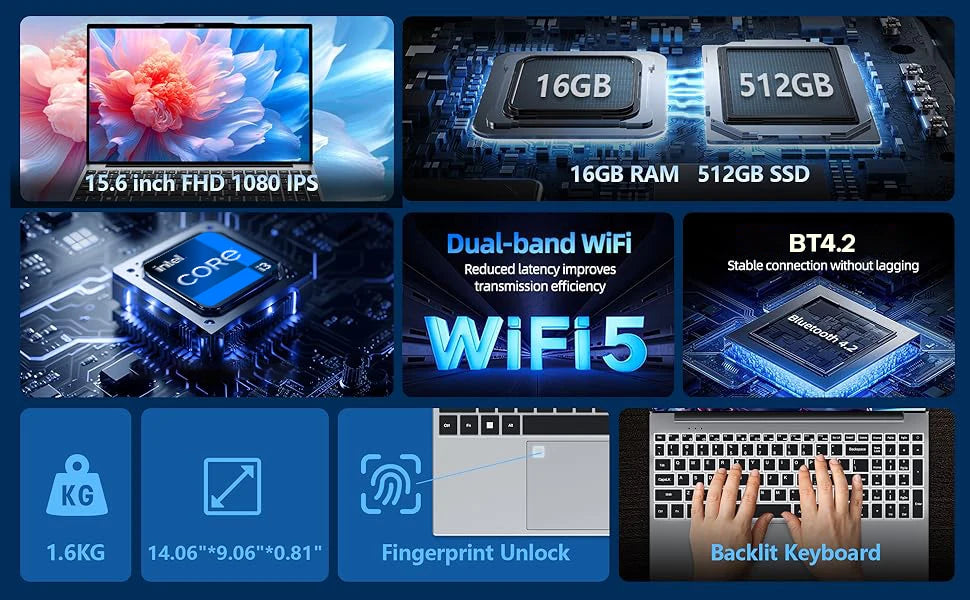 Portátil Xiaman de 15,6 pulgadas con procesador Intel Core i3, desbloqueo por huella dactilar, Windows 11 Pro, 16 GB de RAM, SSD de 512 GB o 1 TB y pantalla Full HD (1080p).