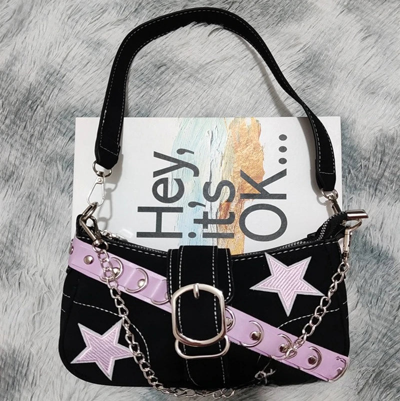 Bolso de hombro estilo Y2K : diseño de mezclilla con estampado de estrellas, estilo juvenil y moderno, de lona y tamaño pequeño, con cadena.