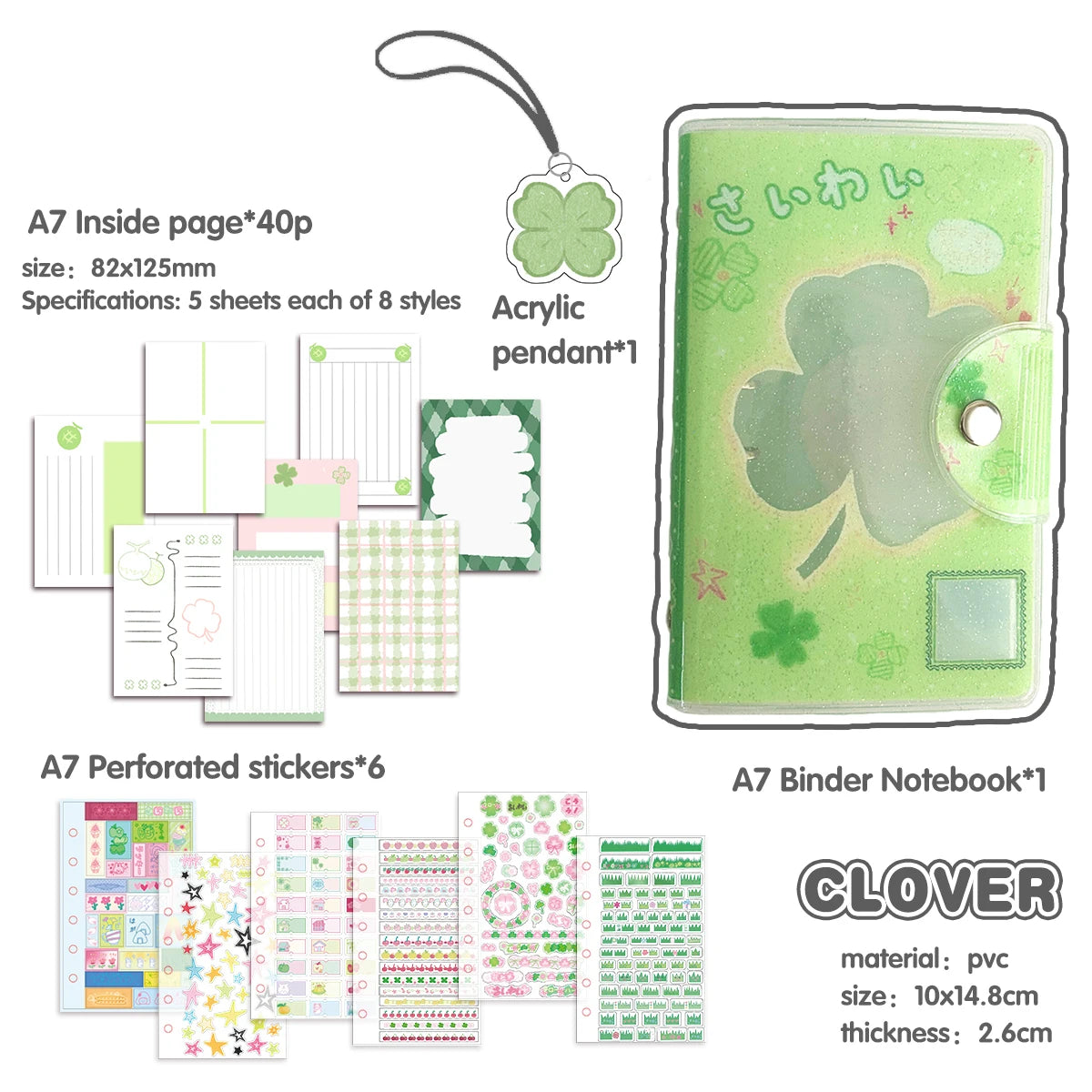Carpeta WAKAWAKA tamaño A7 con diseño de trébol de cuatro hojas y chica; cuaderno de hojas intercambiables con cubierta de PVC brillante, incluye bolsillo para almacenamiento de pegatinas; portátil.
