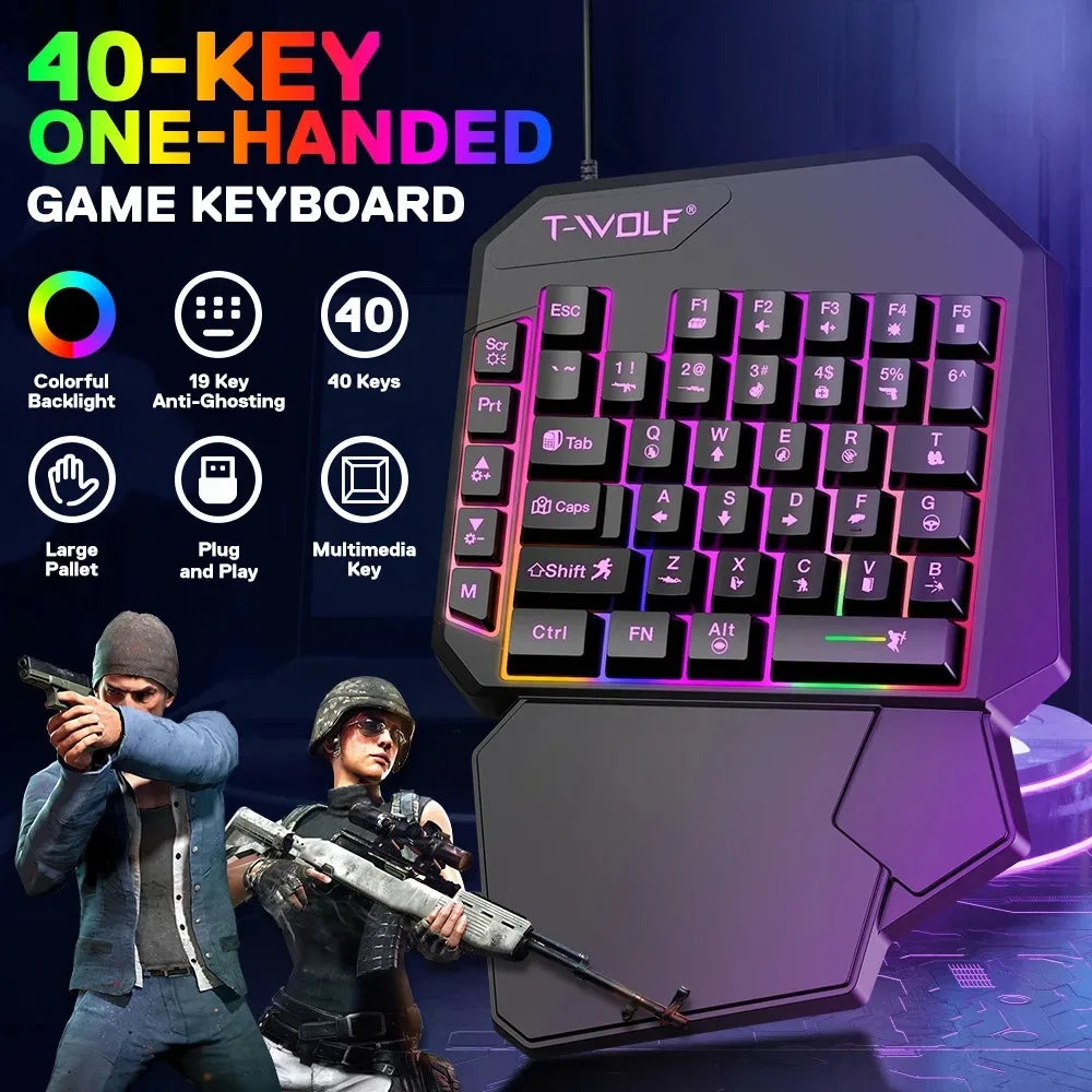 Combo 5 en 1 de teclado y ratón gaming RGB con convertidor para mando de una mano; conexión por cable y baja latencia para PUBG Mobile (Android, iOS y PC).