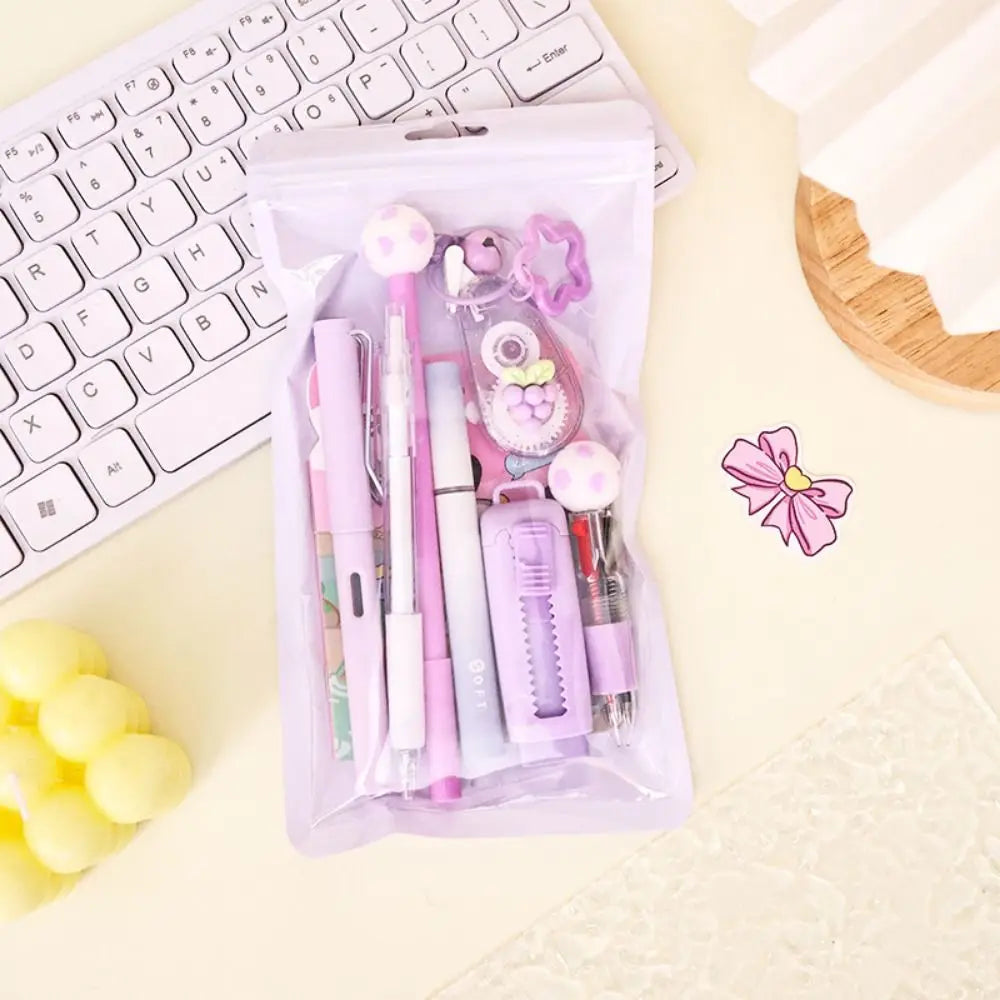 Kit de regalo de papelería escolar con temática de dibujos animados: incluye bolígrafos de 6 colores, notas adhesivas, goma de borrar y estuche de gran capacidad.