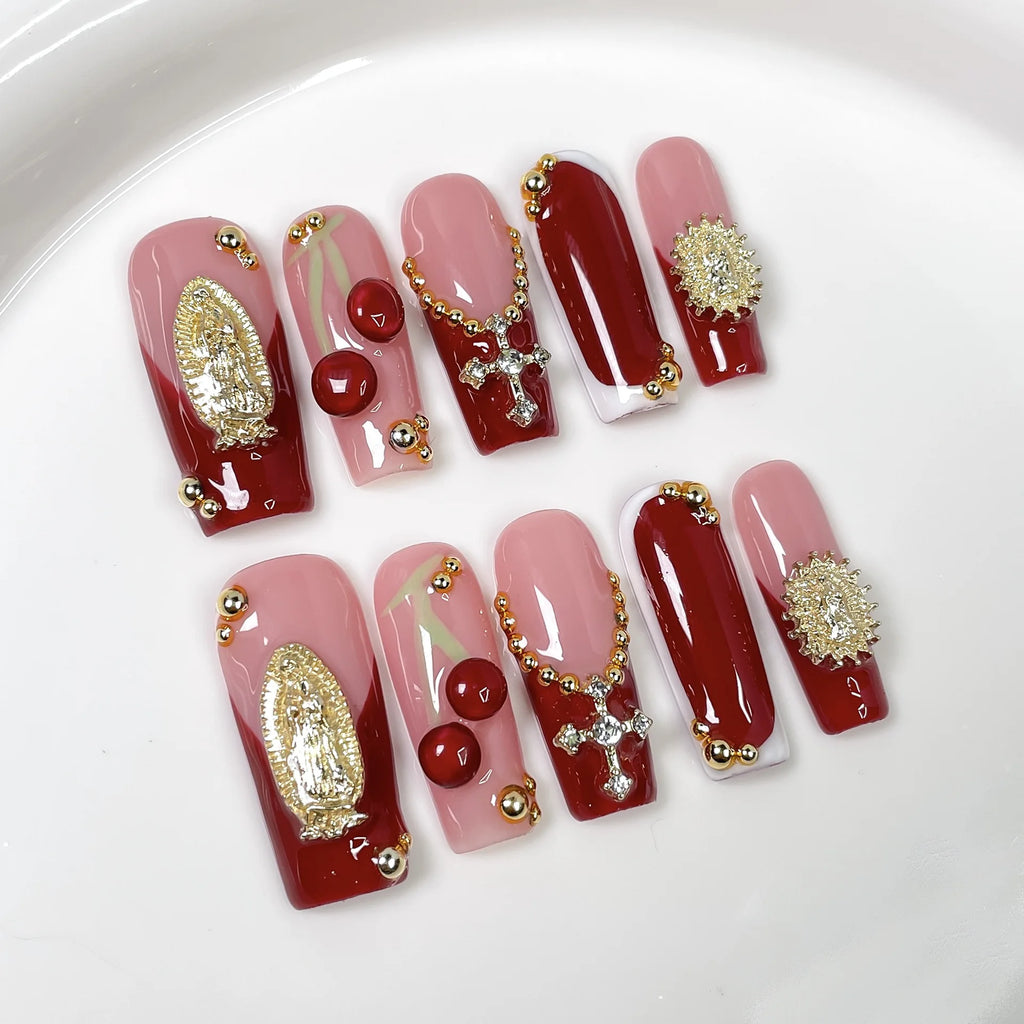 10 piezas de uñas postizas francesas hechas a mano con flores verdes 3D, uñas postizas adhesivas para usar, uñas postizas