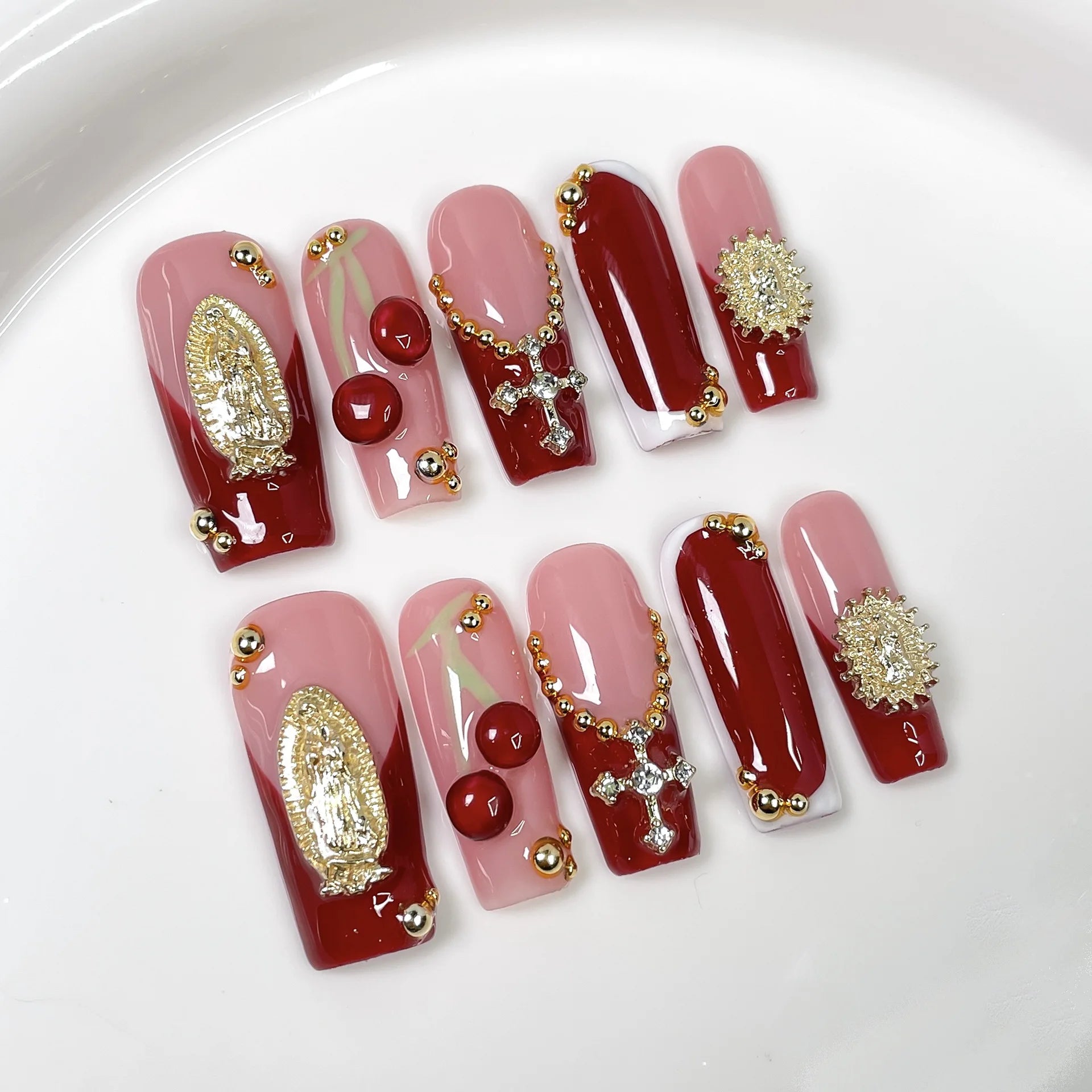 10 piezas de uñas postizas francesas hechas a mano con flores verdes 3D, uñas postizas adhesivas para usar, uñas postizas