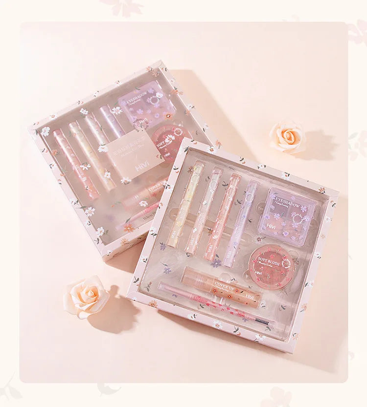 Set de belleza de 8 piezas con labial, corrector, sombra de ojos, producto para cejas y rubor.