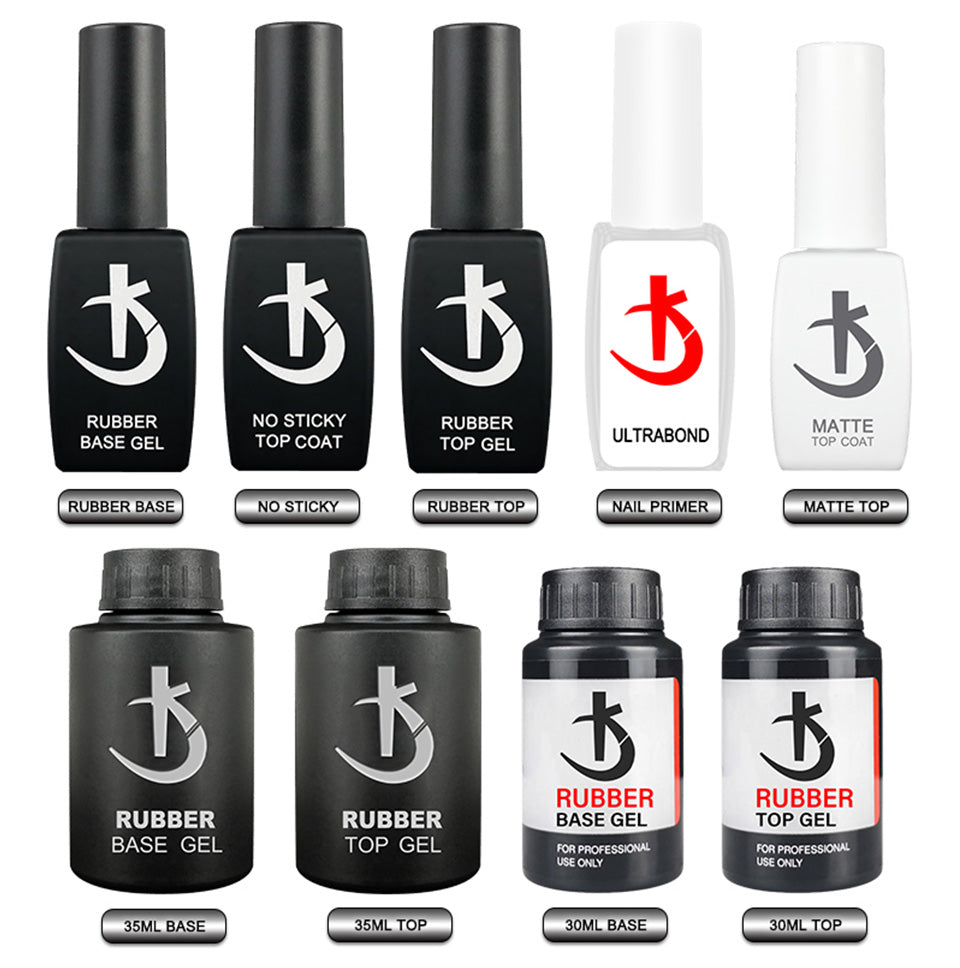 Lote KODI JYJ: Base y Top Coat para esmalte en gel, primer sin ácido, barniz híbrido semipermanente, top coat mate y base de goma (rubber base) espesa.