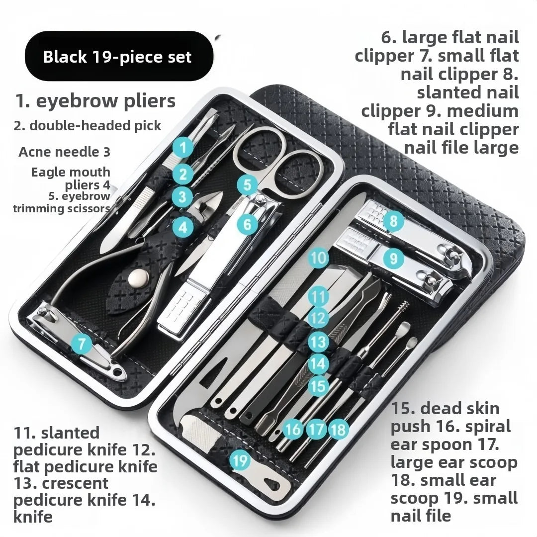 Juego de 19 piezas de acero inoxidable: cortaúñas, cortaúñas diagonales, herramientas para pedicura, limpiadores de oídos, cucharillas y kit de decoración de uñas.