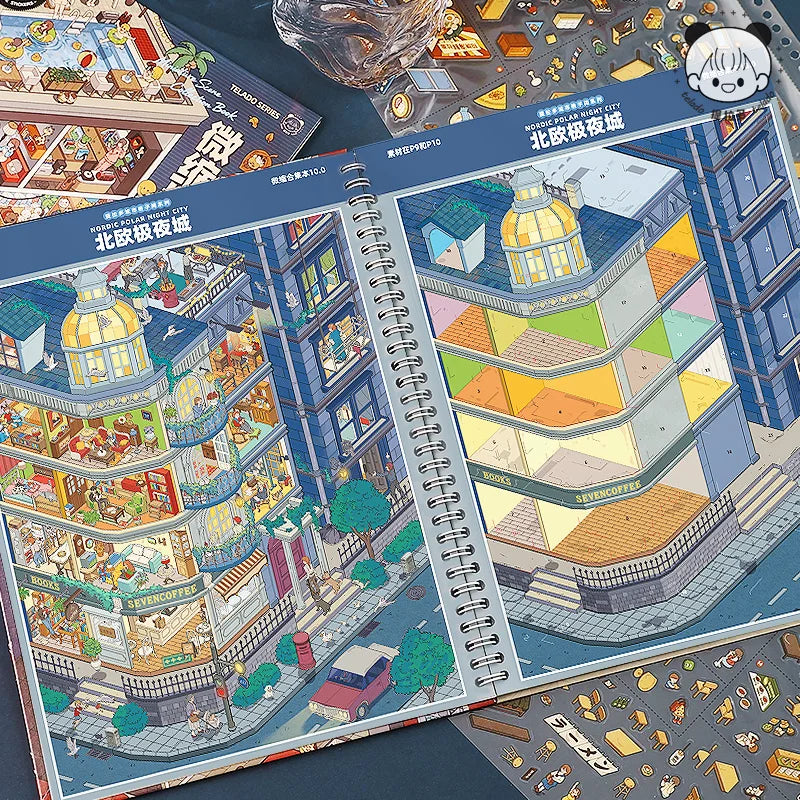 Libro de pegatinas con escenas de ciudades en miniatura (7 escenarios, edición 10.0): pegatinas opacas e impermeables para diarios, álbumes de recortes y manualidades.