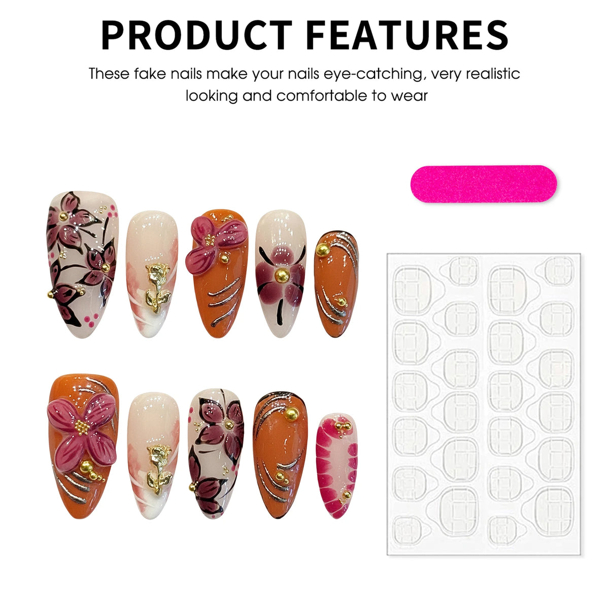 10 uñas postizas hechas a mano con decoración de pétalos tallados en 3D, estilo almendra, de fácil aplicación a presión; herramienta de manicura para mujer, uñas postizas reutilizables.