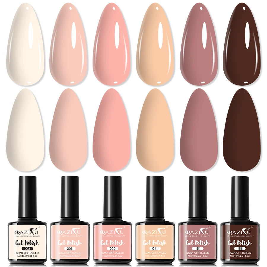 Set de 6 esmaltes de uñas en gel (tonos populares tipo "té con leche"), compatibles con lámpara UV/LED; ideales para nail art, fáciles de aplicar y de retirar (soak-off), aptos para manicura casera o uso en salón.