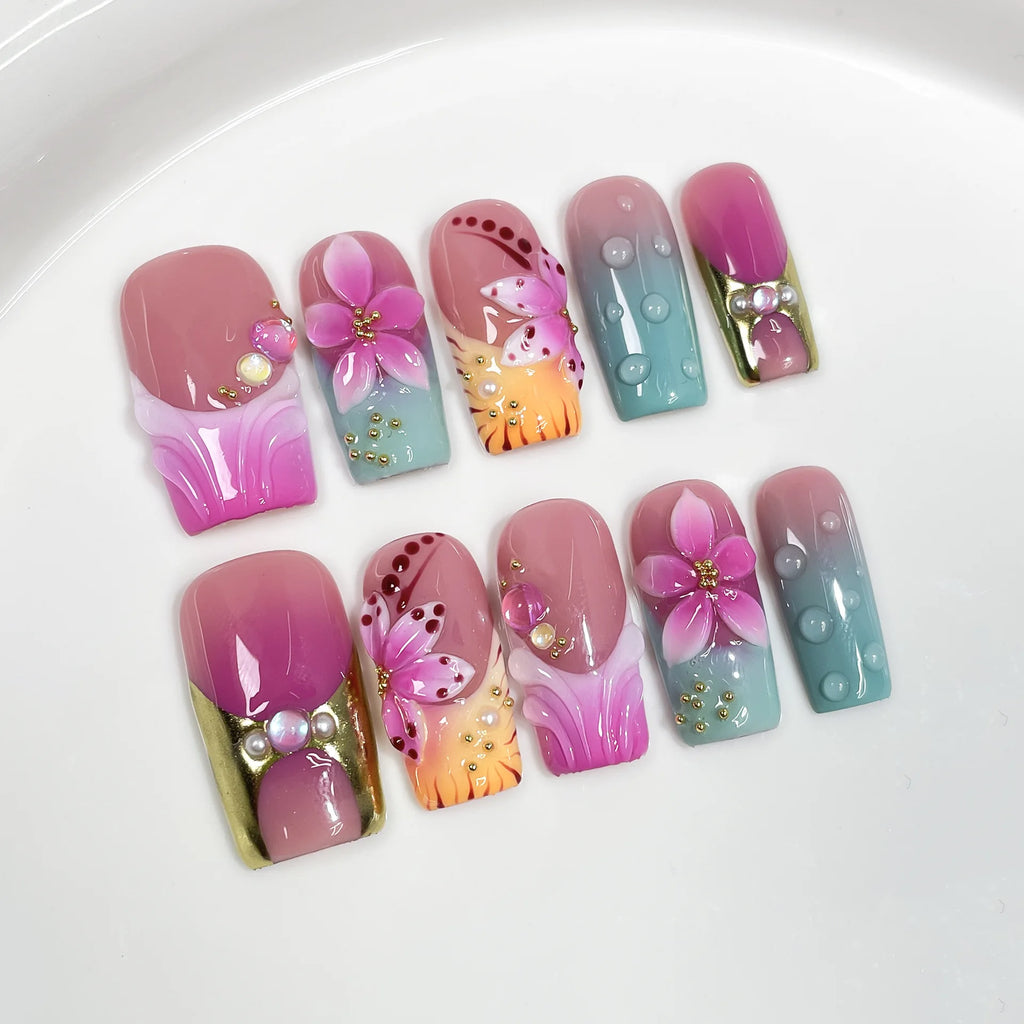 10 piezas de uñas postizas francesas hechas a mano con flores verdes 3D, uñas postizas adhesivas para usar, uñas postizas