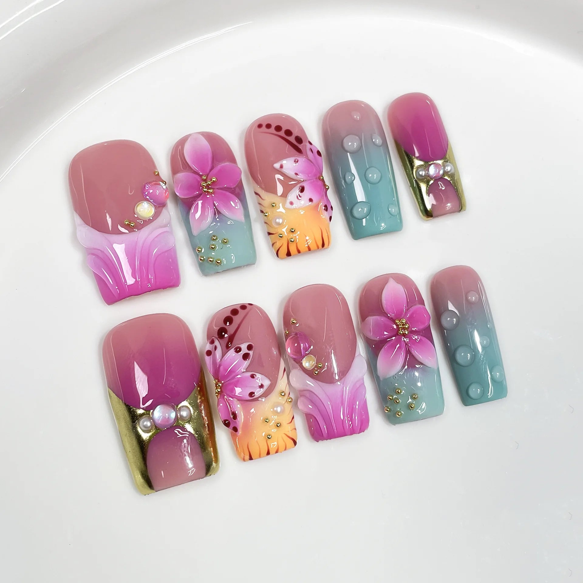 10 piezas de uñas postizas francesas hechas a mano con flores verdes 3D, uñas postizas adhesivas para usar, uñas postizas