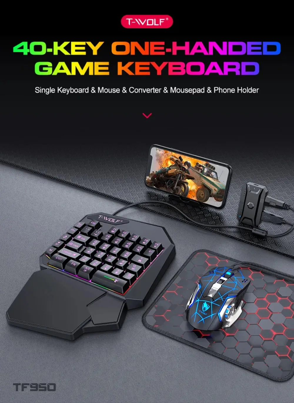 Combo 5 en 1 de teclado y ratón gaming RGB con convertidor para mando de una mano; conexión por cable y baja latencia para PUBG Mobile (Android, iOS y PC).