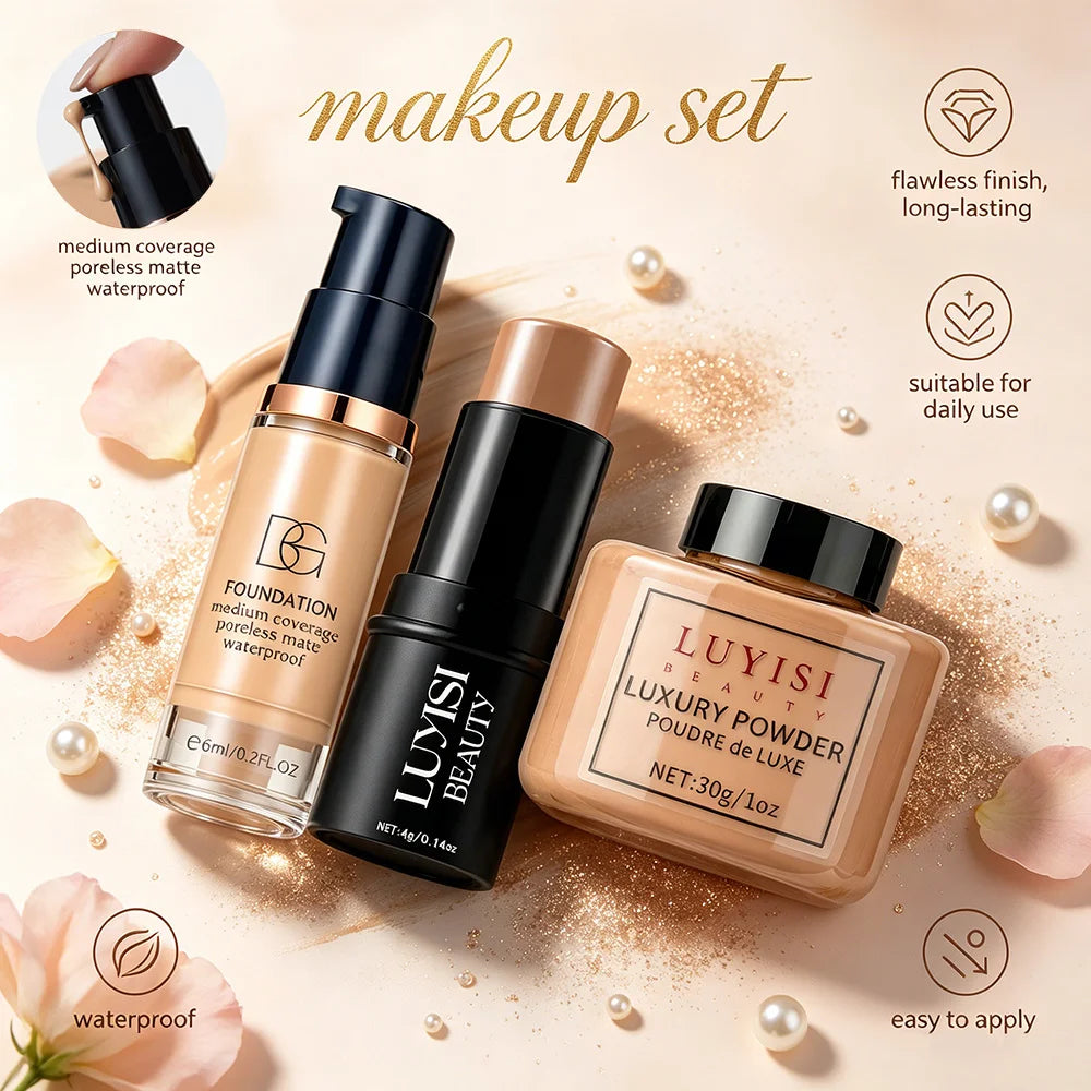 Set de maquillaje facial: 1 base mate, 1 barra de contorno y 1 polvo matificante (control de grasa); cobertura total, resistente al agua y al sudor.