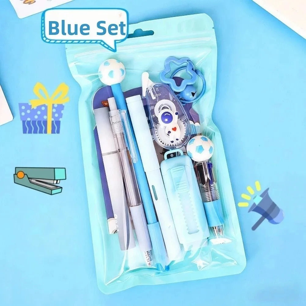 Kit de regalo de papelería escolar con temática de dibujos animados: incluye bolígrafos de 6 colores, notas adhesivas, goma de borrar y estuche de gran capacidad.