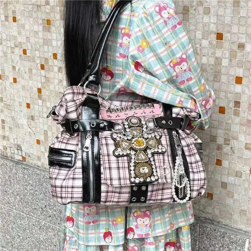 Bolso de hombro rosa a cuadros estilo Y2K; bolso de mano de gran capacidad estilo Harajuku; maletín de lona moderno y original tipo tote punk.