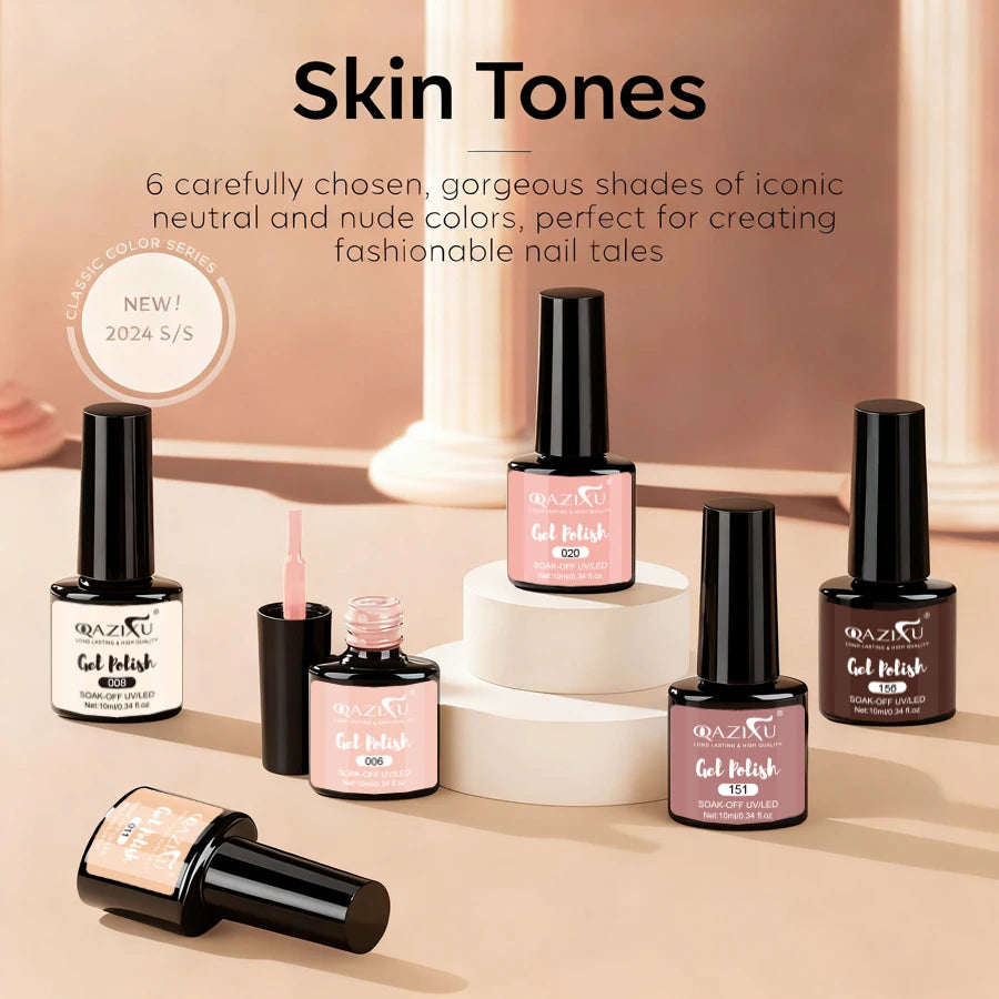 Set de 6 esmaltes de uñas en gel (tonos populares tipo "té con leche"), compatibles con lámpara UV/LED; ideales para nail art, fáciles de aplicar y de retirar (soak-off), aptos para manicura casera o uso en salón.