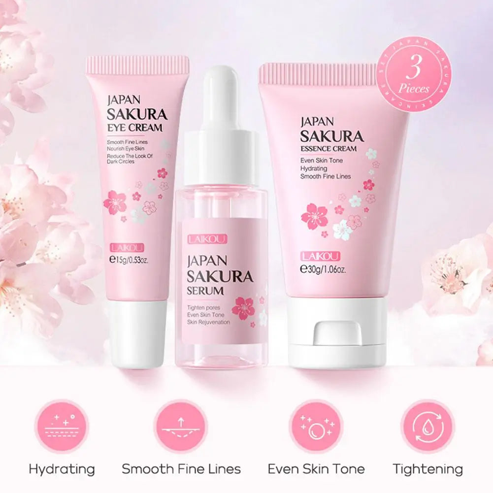 Set de 3 o 5 piezas para el cuidado de la piel con extracto de Sakura: incluye crema facial, sérum, tónico, limpiador facial, protector solar y crema para el contorno de ojos; presentado en caja de regalo.