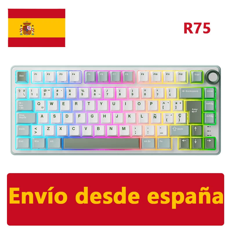 Teclado mecánico RK Royal Kludge R75 (distribución en español) con montaje tipo gasket, formato 80%, retroiluminación RGB, teclas PBT, interruptores intercambiables en caliente (hot-swappable) y rueda de control metálica.
