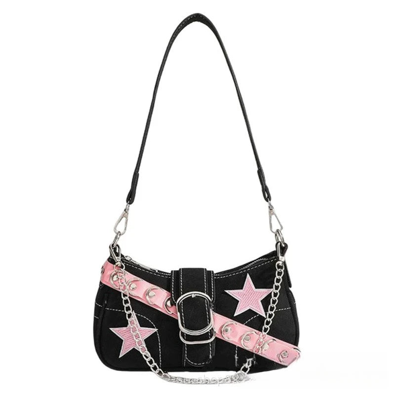 Bolso de hombro estilo Y2K : diseño de mezclilla con estampado de estrellas, estilo juvenil y moderno, de lona y tamaño pequeño, con cadena.