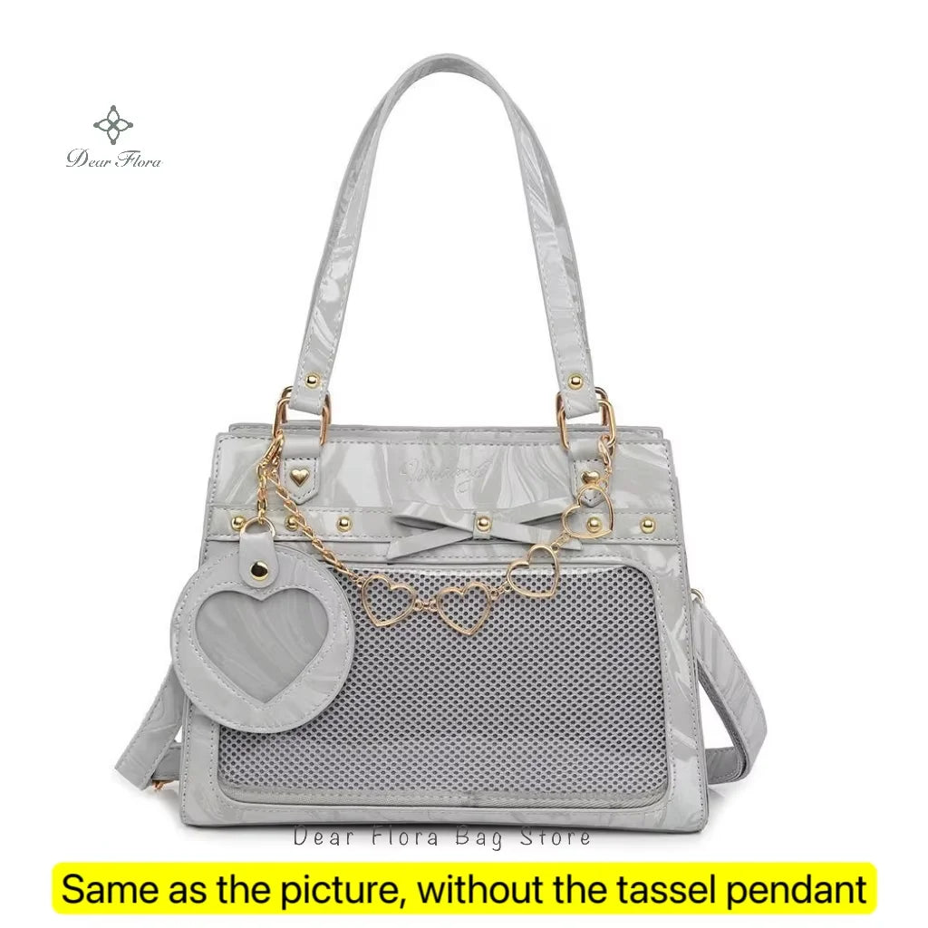 Bolso de hombro vintage estilo Y2K para mujer, tipo Ita Bag con bolsillo transparente, con lazo.