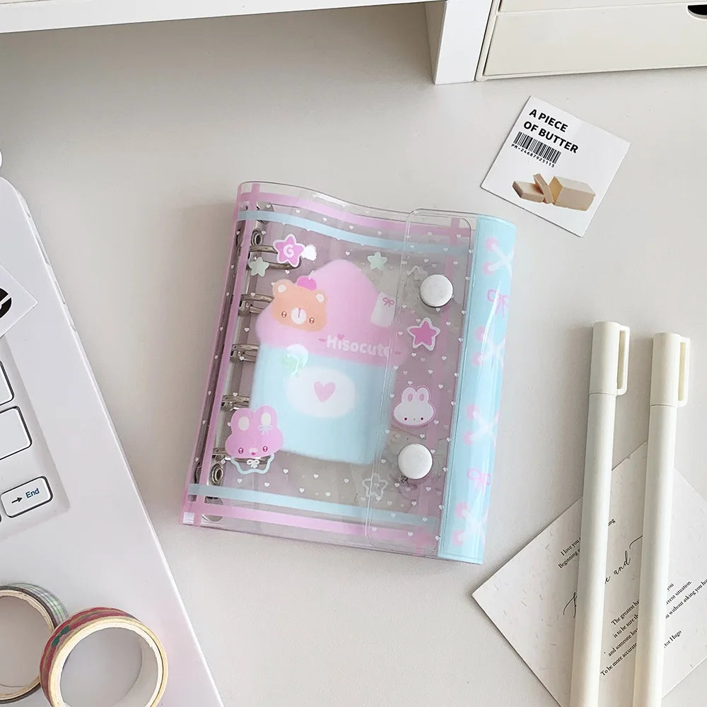 Cuaderno de hojas sueltas M5 con diseño de osito estilo dibujos animados; cuaderno transparente estilo kawaii para estudiantes, artículos de papelería, diario para chicas y libreta de tareas.