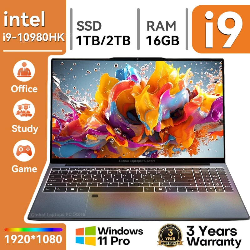 Portátil de 15,6" con Intel Core i9-10980HK, Windows 11 Pro, 16 GB de RAM y SSD M.2 de 1 TB; equipo para gaming y oficina.