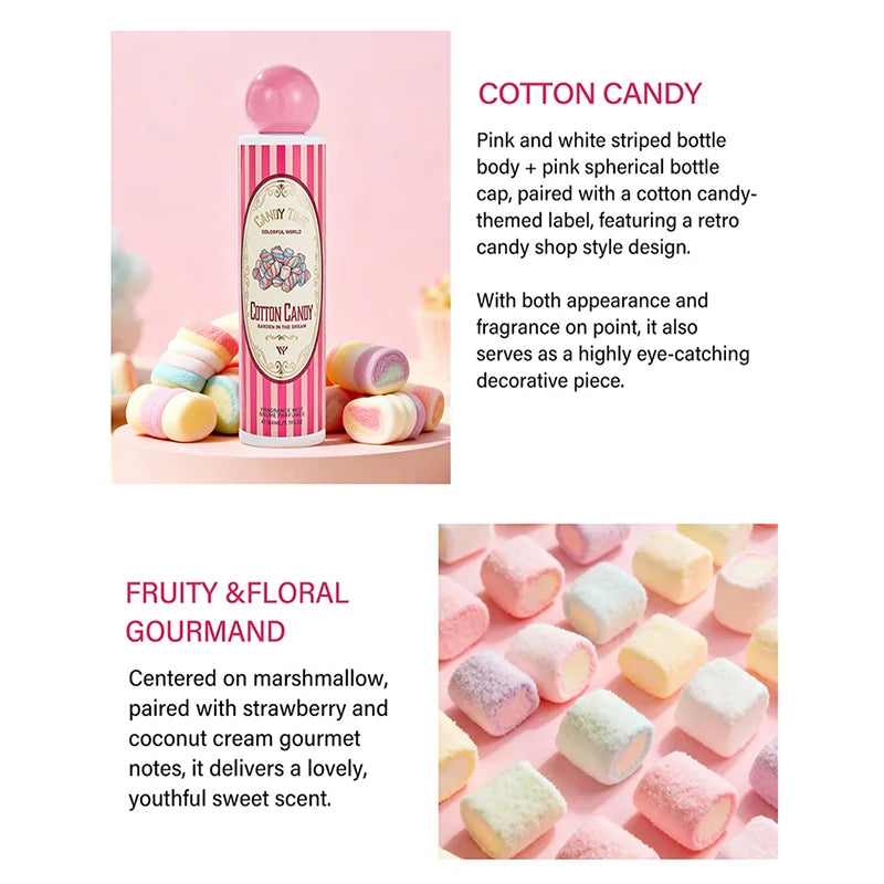 Perfume árabe Dubai Gourmand (168 ml): fragancia fresca y duradera para mujer con notas de coco, pastel de fresa, algodón de azúcar y frutas; formato en spray portátil.