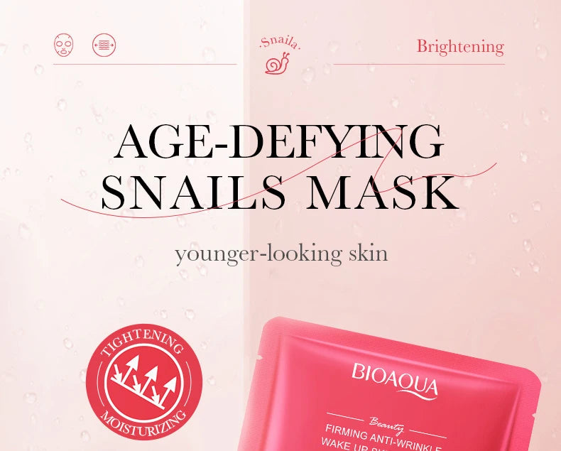 Pack de 5/10 mascarillas faciales BIOAQUA con baba de caracol, ácido hialurónico y retinol; hidratantes y reafirmantes para el cuidado de la piel del rostro.