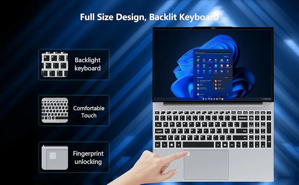 Portátil Xiaman de 15,6 pulgadas con procesador Intel Core i3, desbloqueo por huella dactilar, Windows 11 Pro, 16 GB de RAM, SSD de 512 GB o 1 TB y pantalla Full HD (1080p).