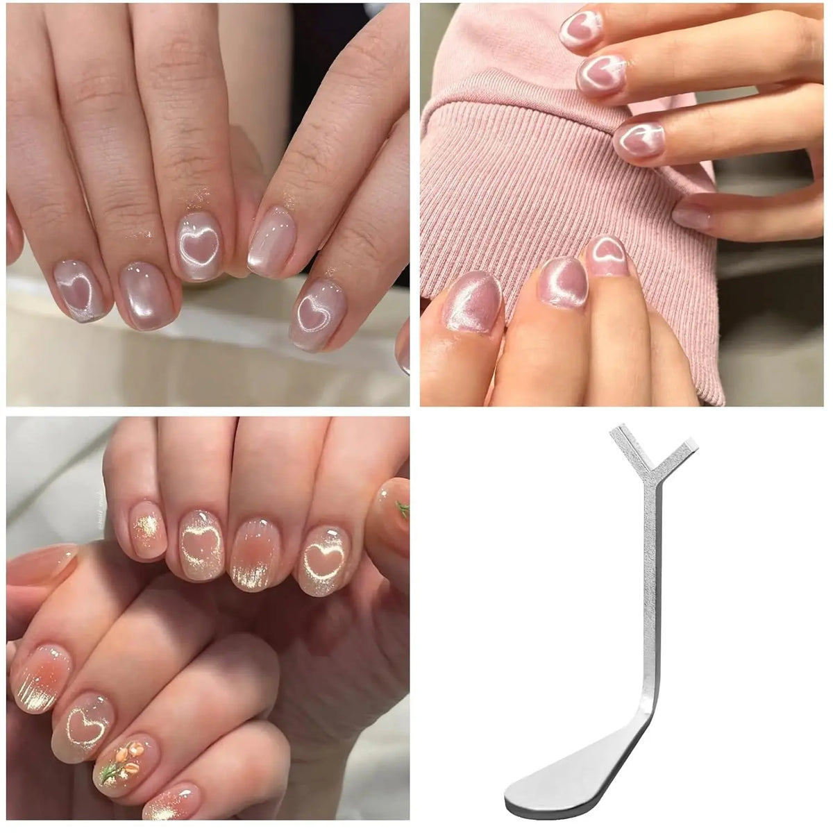 Juego de 2 o 3 imanes para uñas con efecto ojo de gato y forma de corazón (incluye varita magnética en forma de Y y cilíndrica) para crear diseños de manicura estilo francés y corazones con efecto ojo de gato.