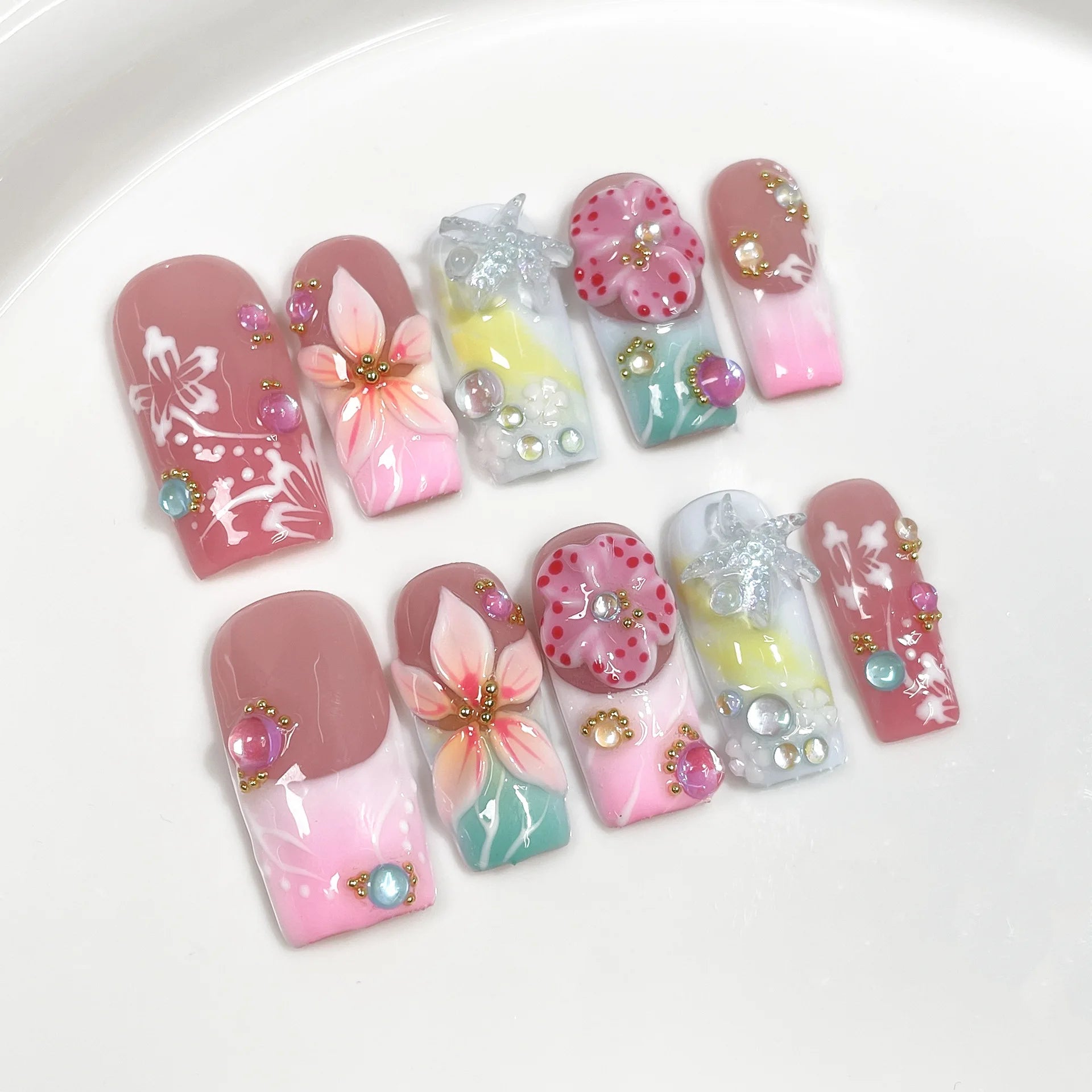 10 piezas de uñas postizas francesas hechas a mano con flores verdes 3D, uñas postizas adhesivas para usar, uñas postizas