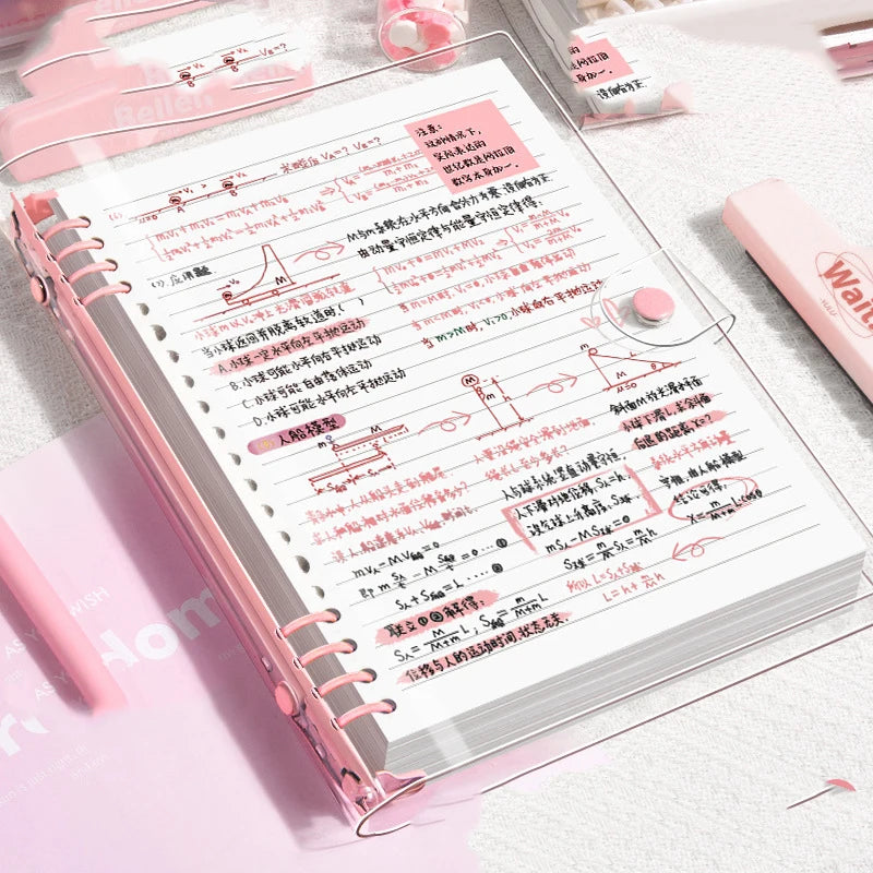Cuaderno A5 de hojas sueltas (60 hojas/120 páginas) con cubierta de piel sintética flexible y translúcida, anillas desmontables y rayado horizontal.