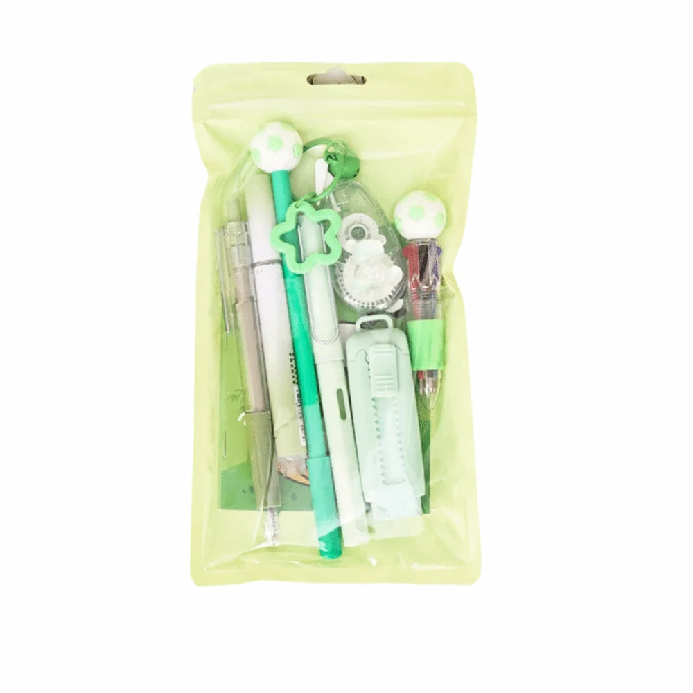Kit de regalo de papelería escolar con temática de dibujos animados: incluye bolígrafos de 6 colores, notas adhesivas, goma de borrar y estuche de gran capacidad.