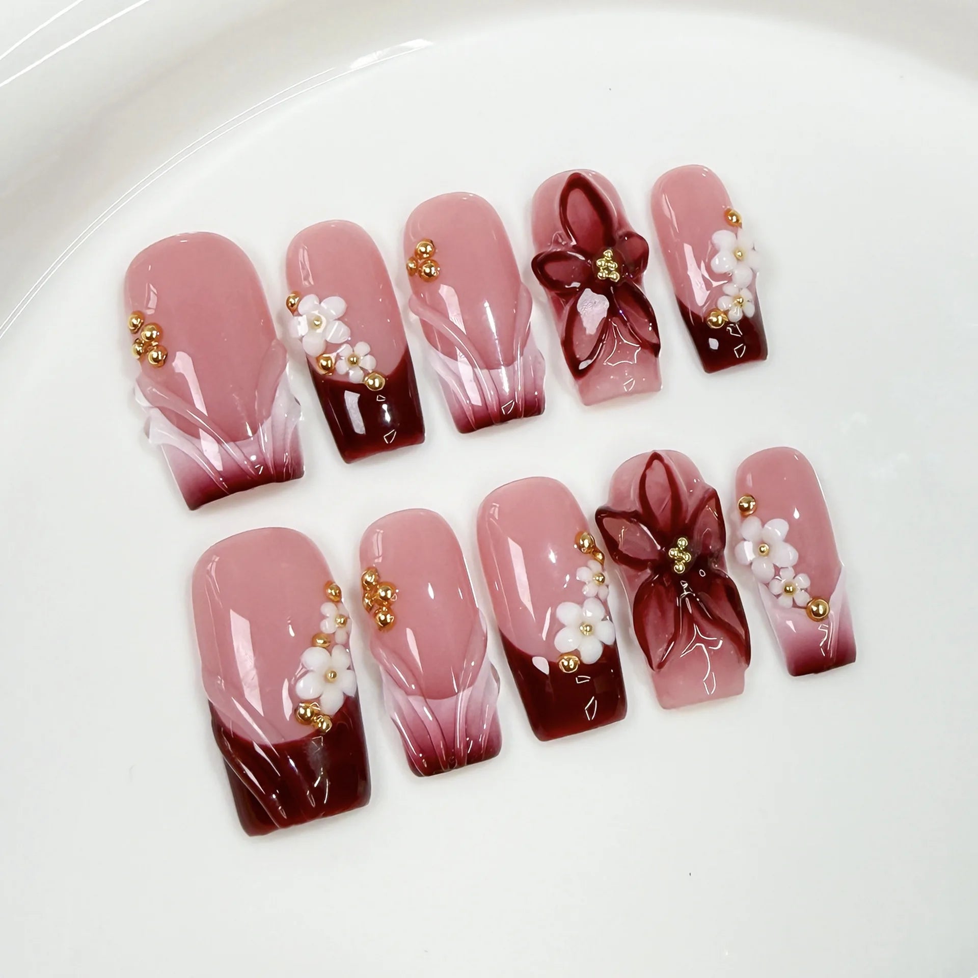 10 piezas de uñas postizas francesas hechas a mano con flores verdes 3D, uñas postizas adhesivas para usar, uñas postizas