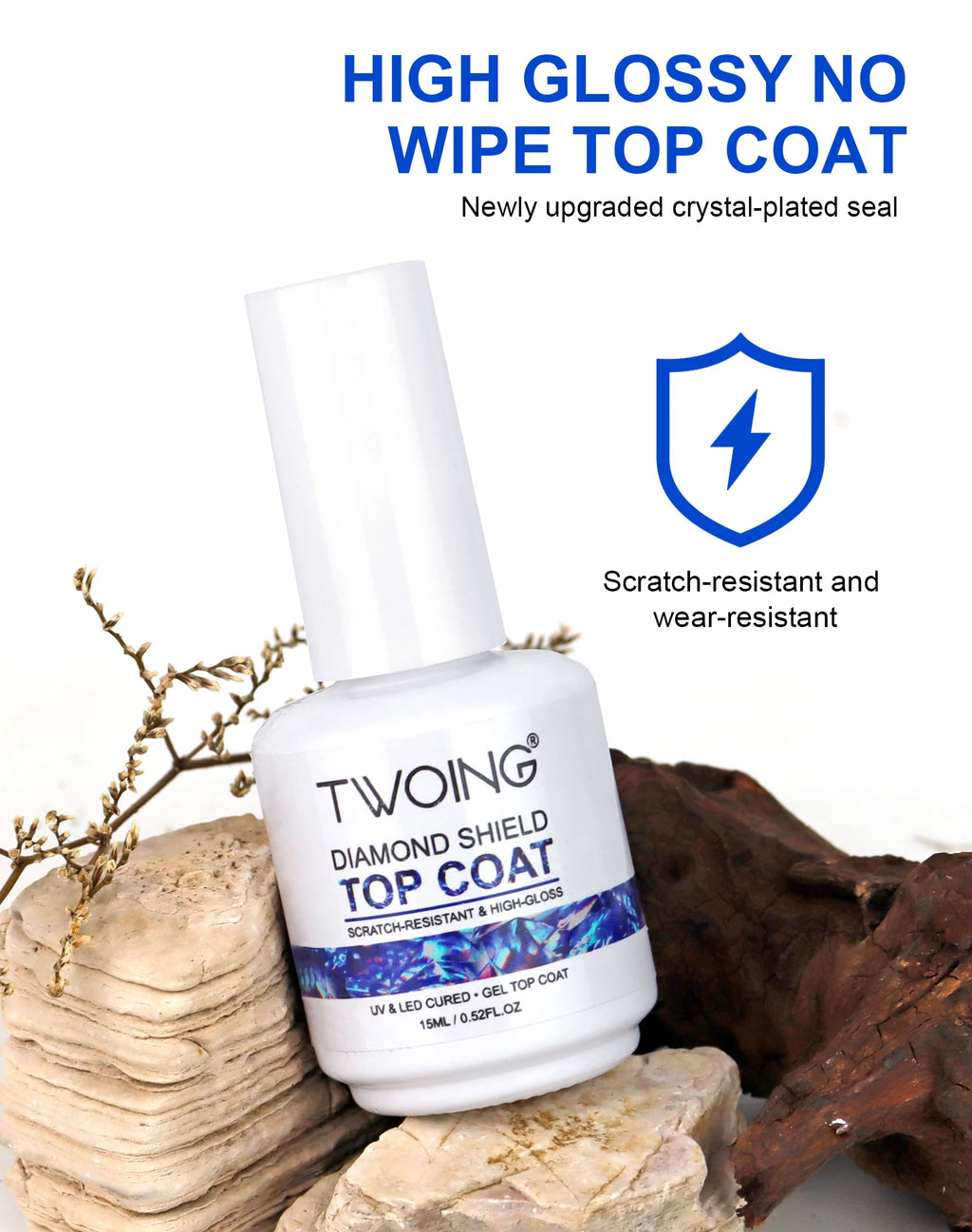 TWOING 15 ml – Nuevo esmalte en gel "Top Coat" Super Shine (acabado diamante); gel sellador sin capa pegajosa (no wipe) para manicura y nail art con calidad de salón.