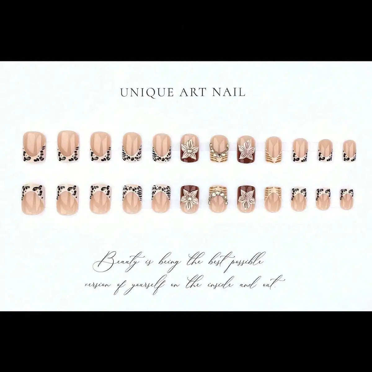 Set de 24 uñas postizas cuadradas cortas estilo francés con estampado de leopardo, flores y diseño de diamantes (estilo "Spicy Girl")