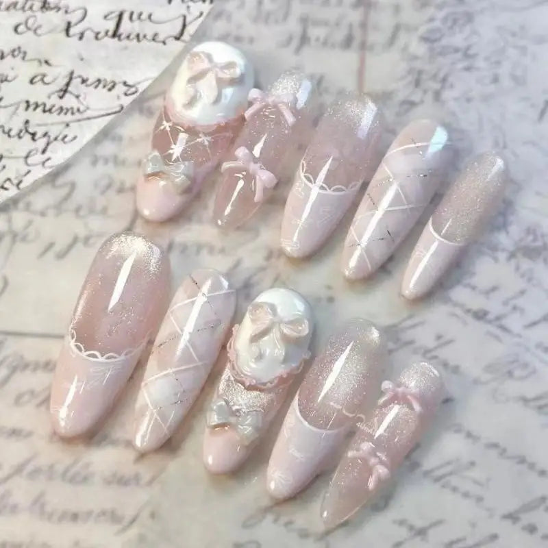 Uñas postizas reutilizables hechas a mano con diseño de mariposa y efecto «ojo de gato» rosa (estilo francés); uñas a presión listas para usar.